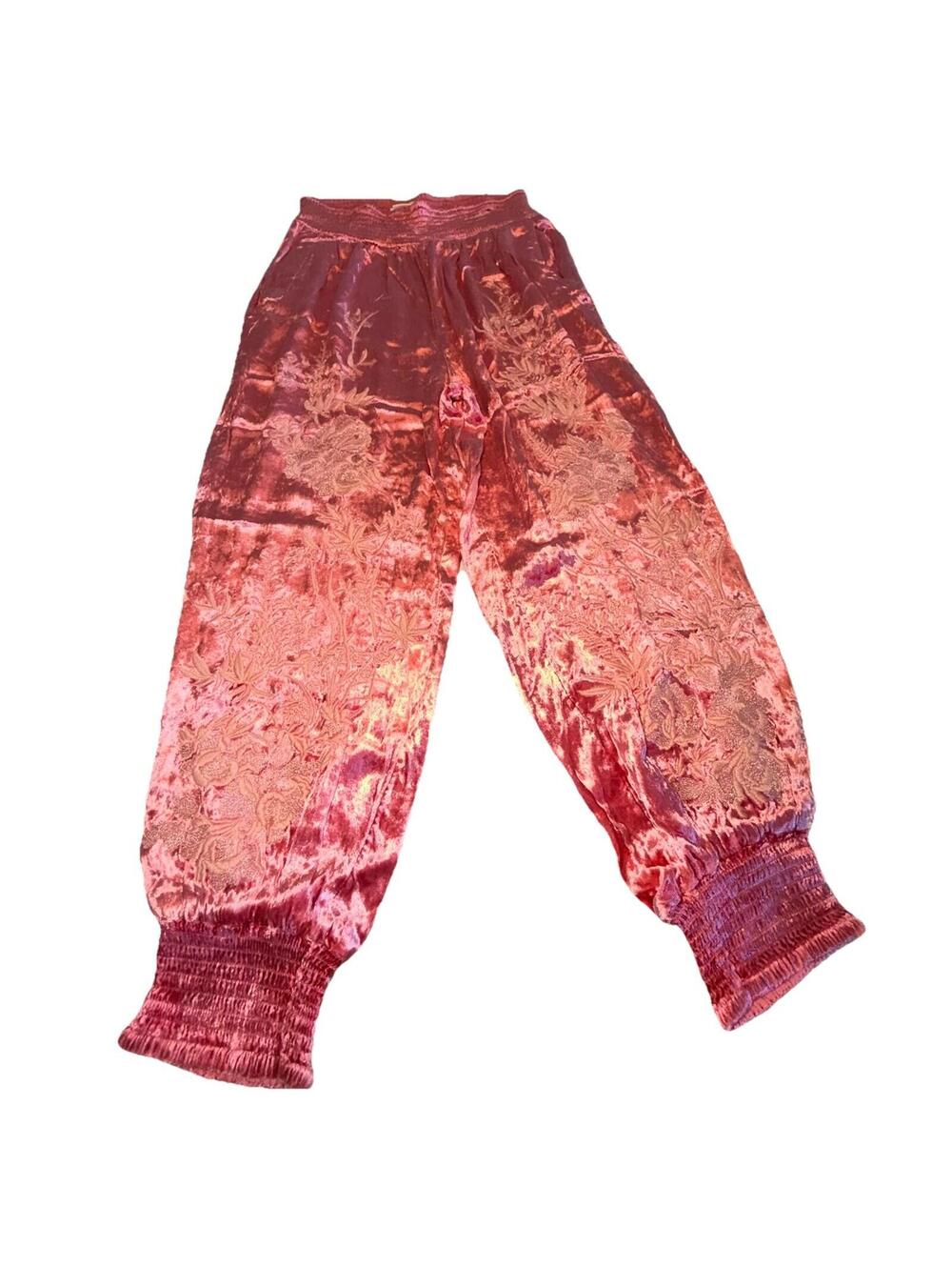 Anthropologie Rosie Embroidered Crushed Velvet Joggers Sz small boho PINK pants - Picture 3 of 8